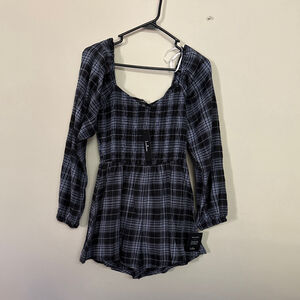 Women's Lulus Plaid Long Sleeve Romper S Black Blue